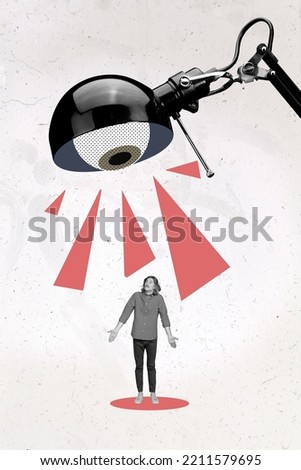 Creative photo 3d collage poster postcard artwork of uncertain unsure boy stand dont know big huge lamp isolated on drawing background