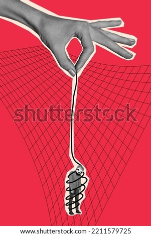 Creative photo 3d collage poster postcard artwork of frustrated exhausted tired personage rope around body isolated on drawing background