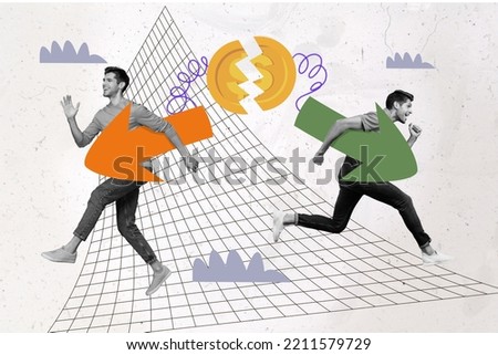 Creative photo 3d collage poster postcard artwork of guys divide money coin into two parts isolated on drawing background