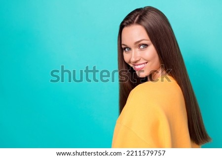 Side profile photo of young adorable pretty nice girl toothy smile empty space advert toothy smile beauty salon isolated on aquamarine color background