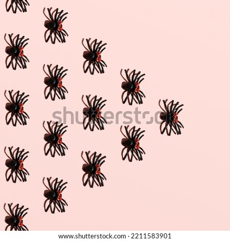 Spiders in lines, creative Halloween inspired pattern on a pastel pink background.