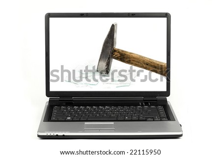  Hammer breaking glass isolated on white laptop screen