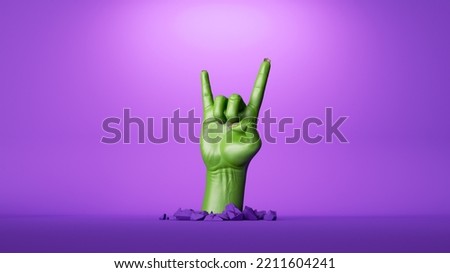 3d render, green zombie hand shows out of the ground, rock gesture, Halloween clip art isolated on purple background