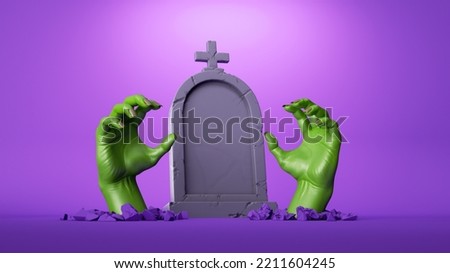 3d illustration, tombstone and scary green zombie arms show out of the ground, halloween clip art isolated on purple background