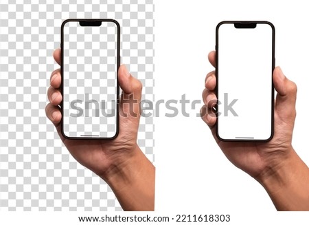 Hand holding the black smartphone blank screen and modern frameless design, hold Mobile phone on transparent background Ideal for marketing