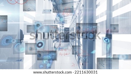 Image of data processing over server room. Global business and digital interface concept digitally generated image.