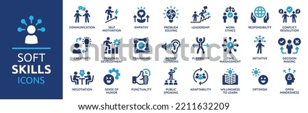 Soft skills icon set. Containing communication, empathy, assertiveness, personality, problem-solving, creativity, punctuality and work ethics icons. Solid icons vector collection. Royalty-Free Stock Photo #2211632209