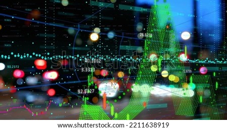 Image of financial data processing against night city traffic. Global finance and business technology concept