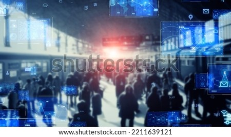 People walking through the station and digital technology concept.