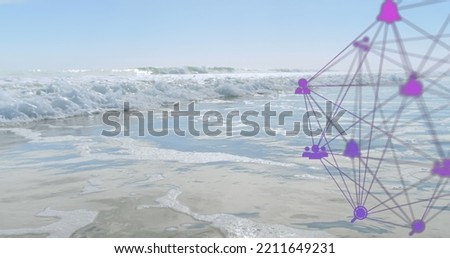 Image of network of connections with icons and stock market over sea. Global business, finances and digital interface concept digitally generated image.