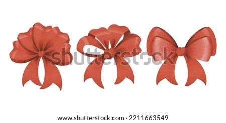 Watercolor illustrations with red ribbon bows. Silk red bows illustrations set. Hand painted traditional decor isolated on white background. Classical bow decorative element.
