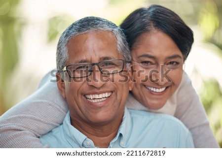 Love, retirement couple and portrait hug with happy smile and romantic embrace in garden. Married, senior and latino people in relationship commitment together with care and support.
