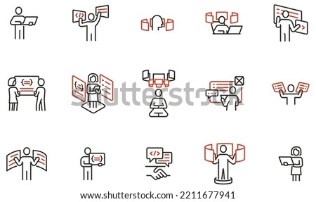 Vector set of linear icons related to engineering development, script coding and programming in javascript and python. Mono line pictograms and infographics design elements 
