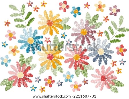 Colorful summer flowers. Embroidery vector design.  Royalty-Free Stock Photo #2211687701