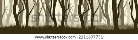 Wild forest with various coniferous or deciduous trees. Wide horizontal banner with various tree trunks silhouettes and grass. Dark misty pine forest landscape, panorama. Vector illustration