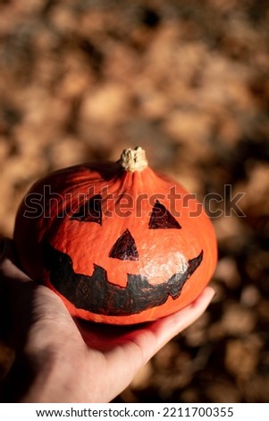 A Halloween pumpkin in autumn park