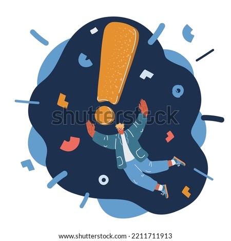 Cartoon vector illustration of Young businessman hold exclamation mark and fly over dark backround