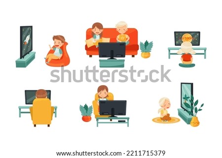 Little Kids Sitting and Watching Cartoon Film on TV and Smiling Vector Set