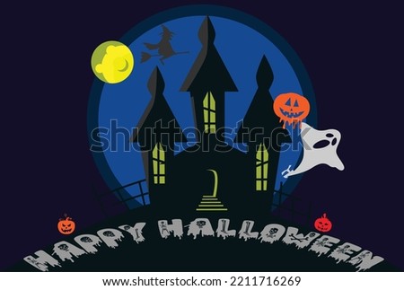 Best Night Scene of Flying Magic Witch With House and Moon with Ghost and pumpkins Best Illustration night scene with moon,Witch,House ghost and pumpkins happy Halloween vectors.