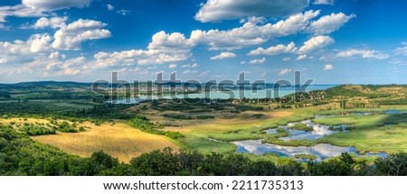 Panoramic photo of Lake Balaton area in Hungary with marshland, fields and forests Royalty-Free Stock Photo #2211735313