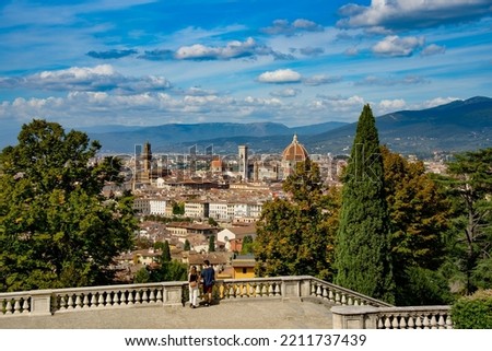 Panoramic view from Piazzale Michelangelo towards the city center of Florence Tuscany Italy Royalty-Free Stock Photo #2211737439