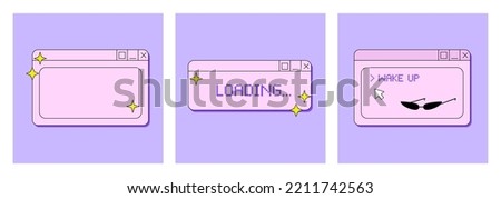 Set of social media posts with user interface in retrowave aesthetic. Vector illustration in y2k, 90s, 00s style. Trendy old computer windows with stars Royalty-Free Stock Photo #2211742563