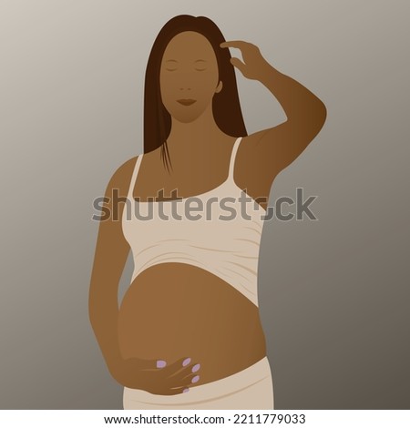 Beautiful pregnant woman, african american woman with dark skin and dark hair, expectant mother hugging her belly with her hands