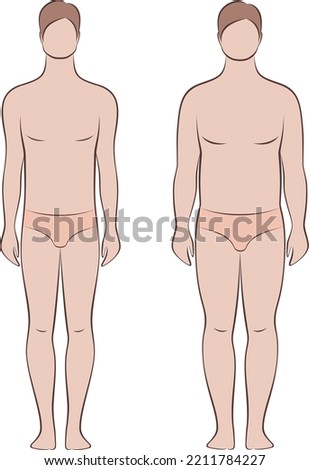 Men figure. Body types. Male silhouette. Front view. Man sketch. Fashion croquis template for technical drawing. Vector illustration.