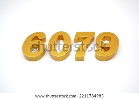  Number 6079 is made of gold-painted teak, 1 centimeter thick, placed on a white background to visualize it in 3D.                                