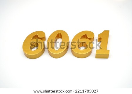  Number 6061 is made of gold-painted teak, 1 centimeter thick, placed on a white background to visualize it in 3D.                                