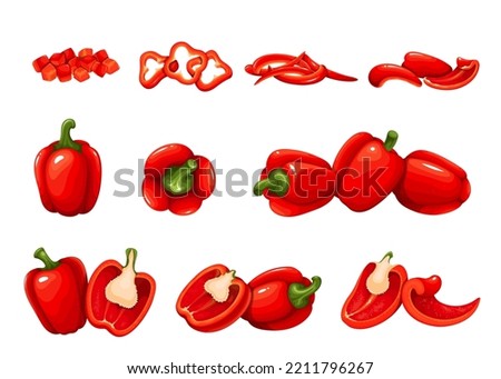 Red bell peppers and sweet paprika set vector illustration. Cartoon isolated veggie collection with Bulgarian peppers cut in half, slices and rings, chopped pieces and vertical sections of vegetables Royalty-Free Stock Photo #2211796267