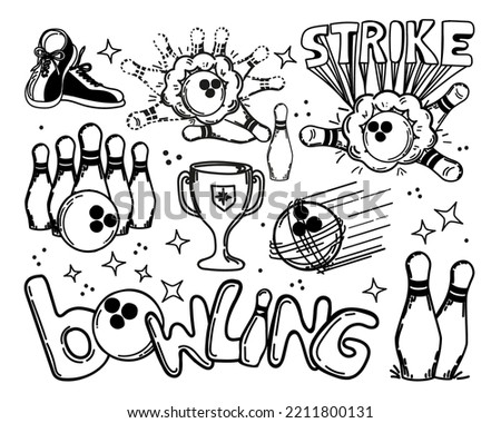 A set of hand-drawn elements with a bowling theme. Bowling ball, pins, shoes. Cup. Victory. Handwritten inscription "strike". Ball smashes pins. Flying ball at target.  Pins. Sport. Game. Hit, win. 