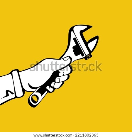 Worker holding in hand a spanner. Isolated on white background. Vector illustration, sketch design. Technical service, repairs, customer support and other mechanical processes.