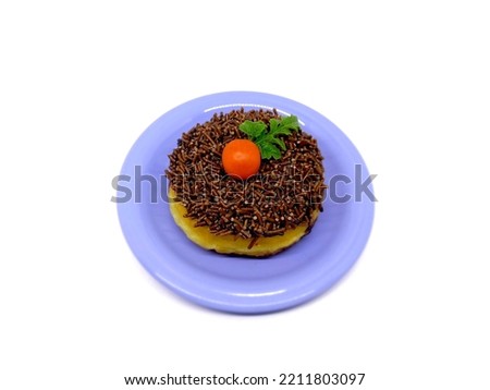 Donut with choco messes topping in white background.