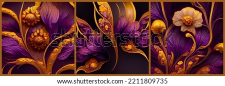 Art Nouveau purple flowers in a gold frame. Graceful precious collection of three images. 3D image