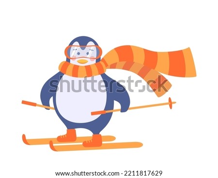 Cute little penguin is skiing in goggles. Warm knit scarf. Vector illustration