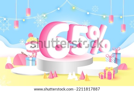 65 percent Off. Product display presentation. white podium. Discount creative composition. paper cut and craft style. vector art and illustration.