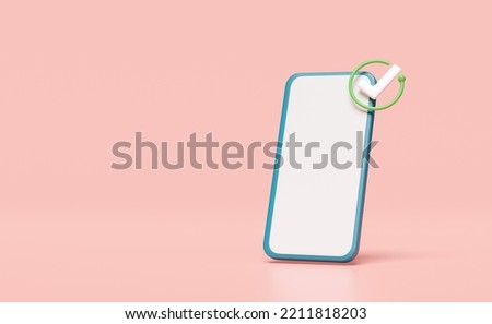 3d smartphone, mobile phone with check marks, tick symbols isolated on pink background. minimal concept, 3d render illustration, clipping path