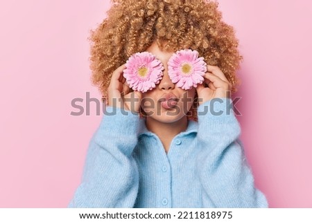 Curly haired woman keeps lips rounded covers eyes with gerbera flowers prepares decoration dressed in warm blue jumper isolated over pink background has festive mood during holidays enjoys spring day