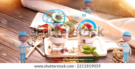 Strawberry and green smoothie with healthy lemon, kiwi, grapes, nuts, avocado, and healthy food. with cartoon icon elements. The healthy food concept, nourish the brain