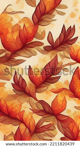 Autumn seamless pattern with different leaves and plants, seasonal colors. Watercolor autumn abstract background with maple leaves