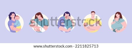 Happy young parents avatars. Woman and man hold and hug newborn babies. Cute mother and father with infant vector portraits