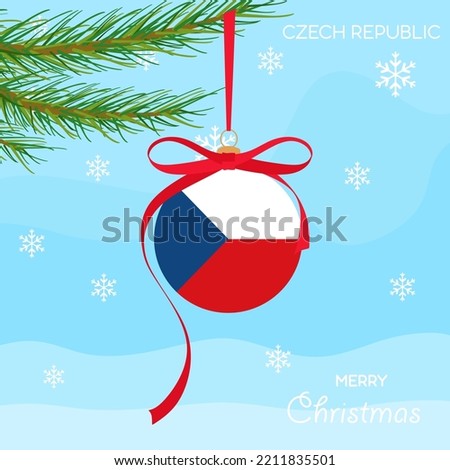 Christmas ball with the Czech Republic flag, decorates the Christmas tree branch. Illustration of a Christmas ball with the flag of Czech Republic in a Christmas tree branch on winter background