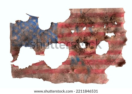 heavily damaged  and grungy USA  flag, stars and stripes isolated on white background