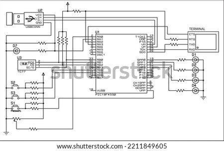 The vector  electrical schematic diagram of a digital USB device,
operating under the control of a PIC microcontroller.
Vector drawing of an electronic temperature measuring device. Royalty-Free Stock Photo #2211849605
