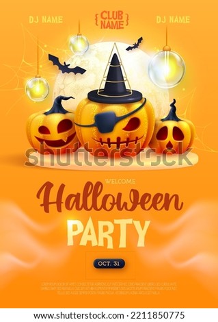 Halloween holiday disco party poster with realistic 3D halloween pumpkins. Vector illustration