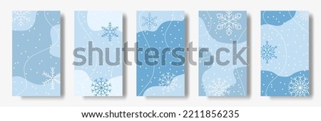Winter snowflakes story and post design. Fashion show flyers, light banners with abstract shapes. Blue colors and white flakes, social media background, covers collection. Vector illustration