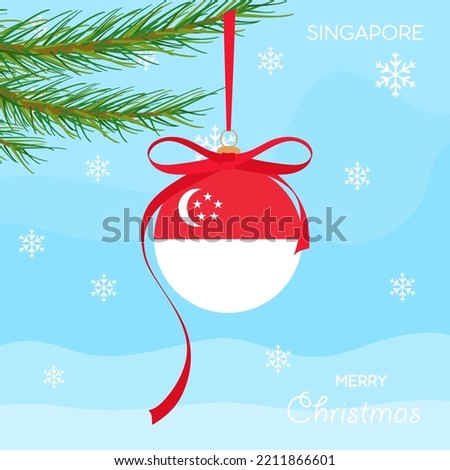 Christmas ball with the Singapore flag, decorates the Christmas tree branch. Illustration of a Christmas ball with the flag of Singapore in a Christmas tree branch on a beautiful winter background