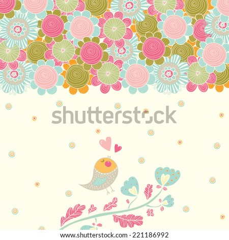 Vector postcard. Birds and flowers. 