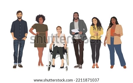 Multinational business team. Vector realistic illustration of diverse cartoon men and women of various ethnicities, ages and body type in smart casual office outfits. Isolated on white background. Royalty-Free Stock Photo #2211871037